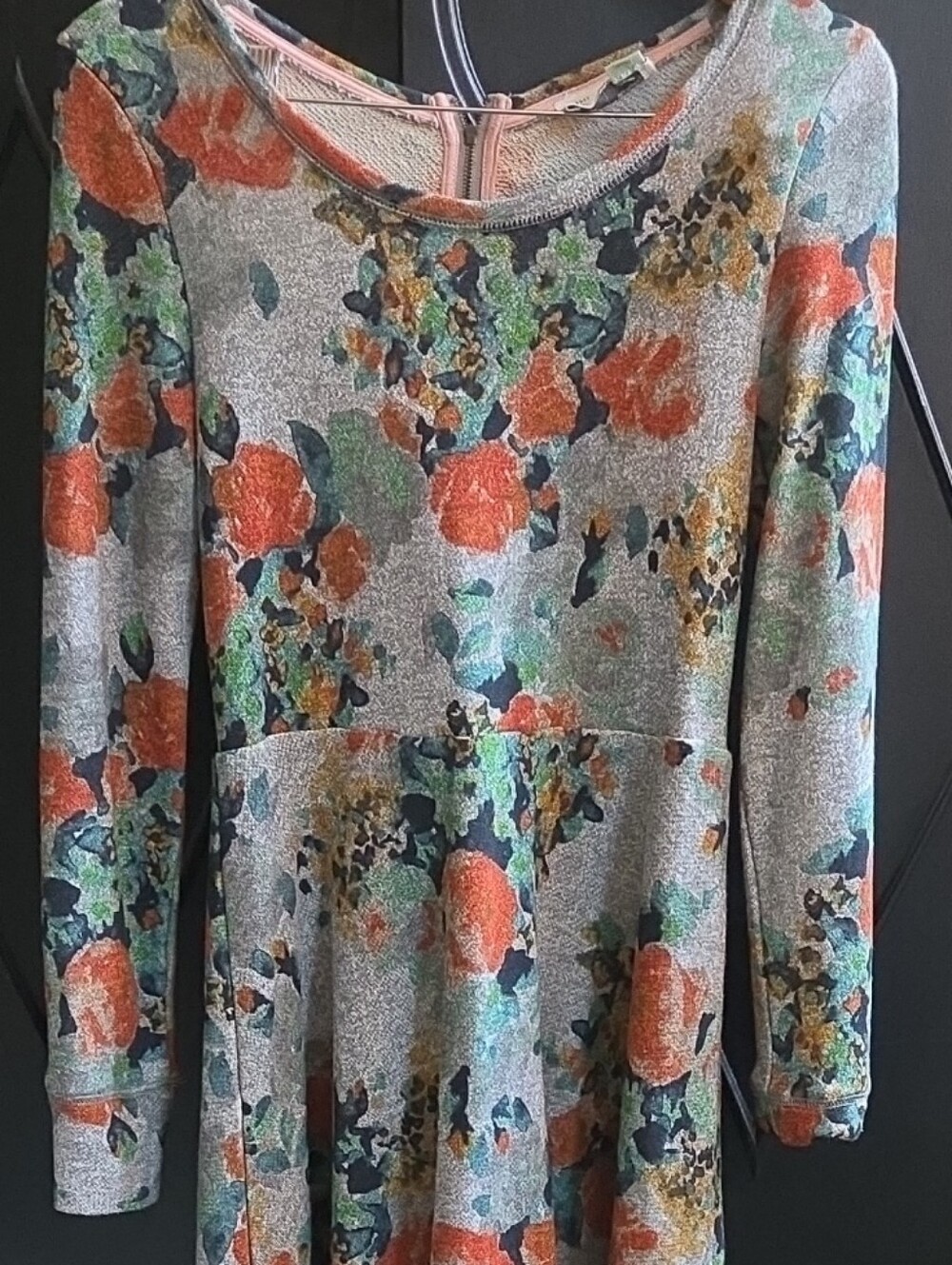 Anthropologie Floral Knit Long-Sleeve Dress in Gray, Orange & Green